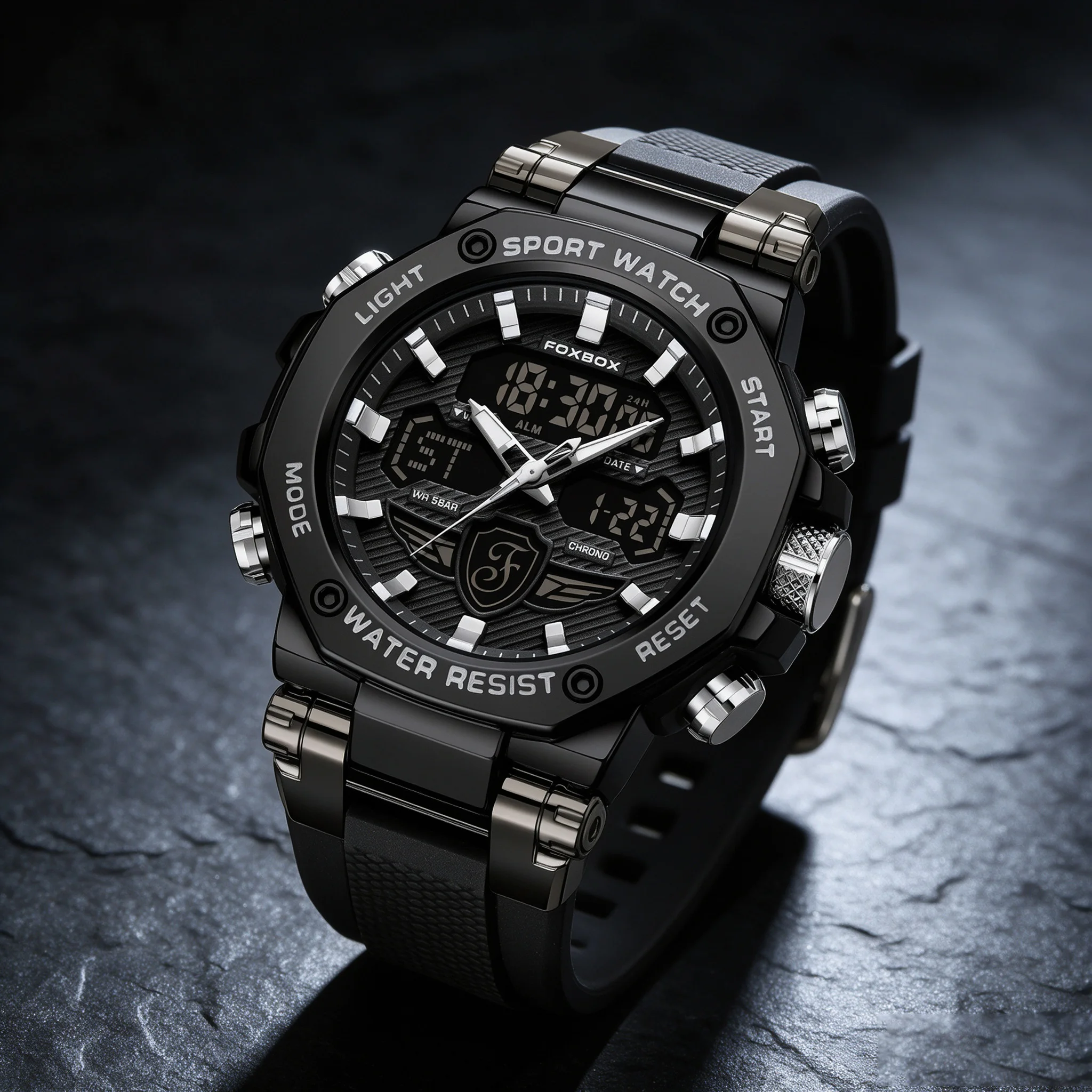 FOXBOX Tactical Dual Display Men Watches Waterproof Sports Watch Military Man Alarm Stopwatch Quartz Wristwatch Male LED Digital