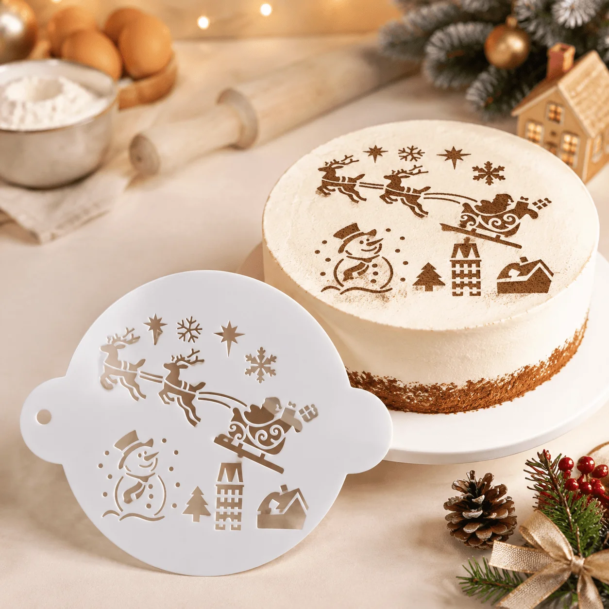 Round Christmas Cake‑Top Stencil, Santa Sleigh Snowman Village Pattern, Powder‑Dusting Baking Decor Template