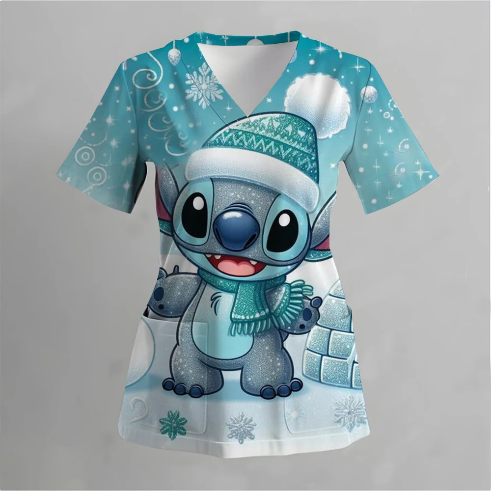 طباعة ديزني ميكي ستيتش الزي الطبي للنساء ممرضة الملحقات الزي السريري طبيب الأسنان بلوزة العمل البيطري سبا فرك القمم #6