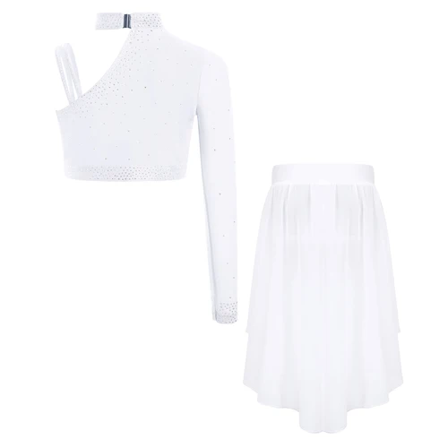 Imagen 2 del producto Vestido de baile lírico de Ballet para niñas, traje de baile de bailarina para patinaje, gimnasia, Top corto con hombros irregulares + conjunto de faldas de gasa