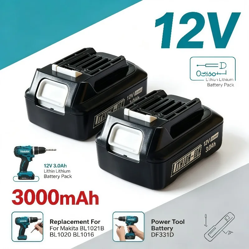 3.0Ah 12V Lithium Replacement Battery Pack Compatible with Makita BL1021B BL1020 BL1016 BL104 DF331D BL1021 Cordless Power Tools