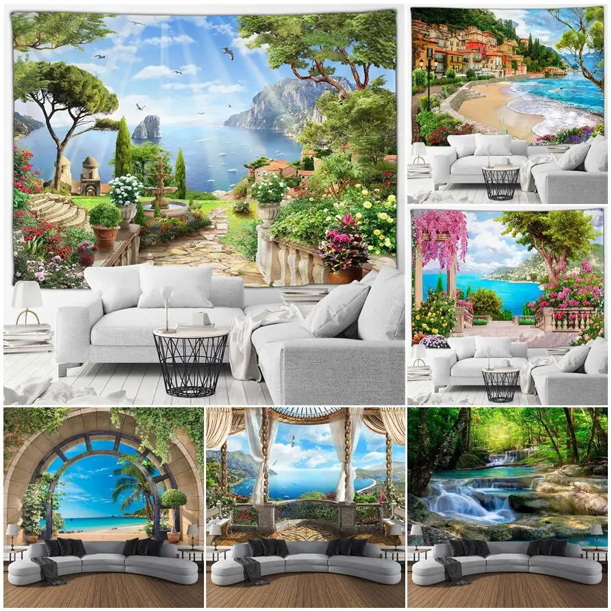 European Landscape Tapestry Ocean Seaside Town Flowers Plants Forest Waterfall Nature Garden Wall Hanging Home Living Room Decor