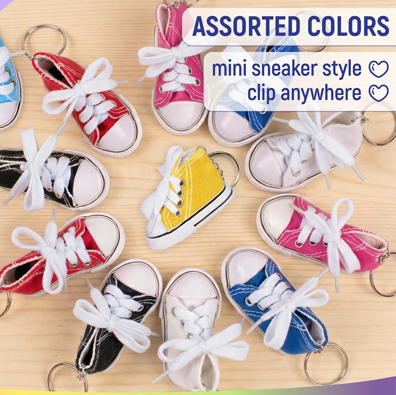 24Pcs Mini Canvas Sneaker Keychains Assorted Color Tiny Shoe Key Ring Charms for Backpack Handbag Key Decor Party Favors