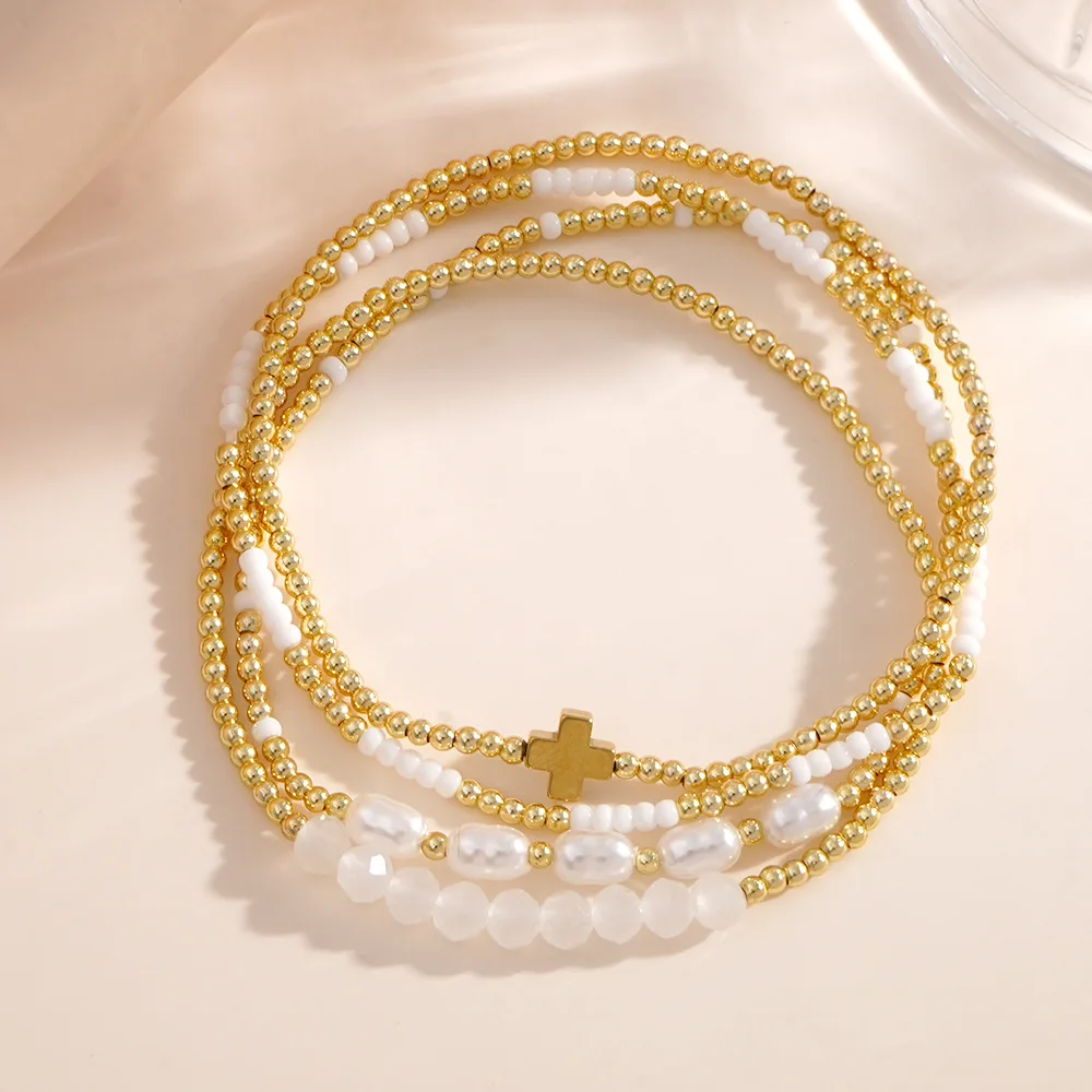 1pc/4pcs White Crystal Imitation Pearl Copper Bead Cross Bead Bracelet Set Bohemian Women\'s Fashion Style Stacked Gift