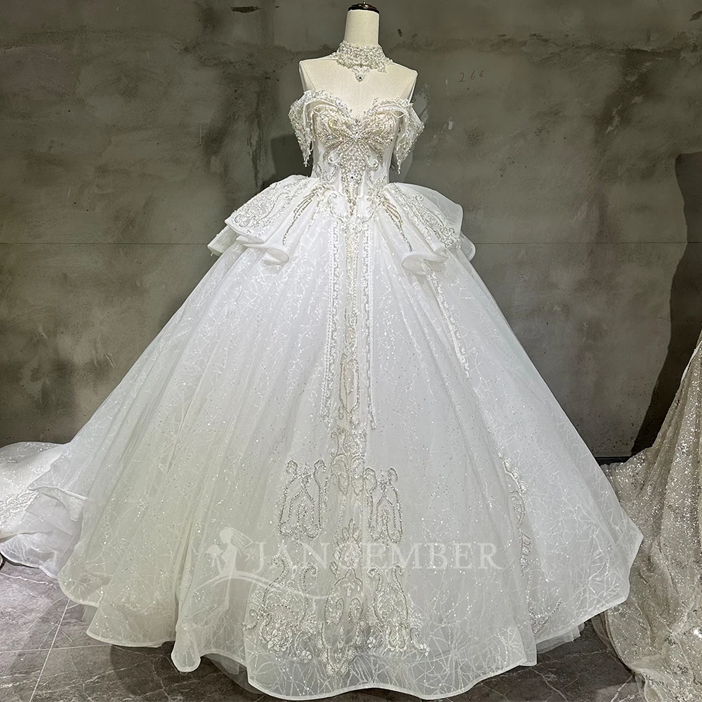 Customized Beaded Wedding Dress Organza With Embroidery Sequins Ball Gown Sweetheart Full Sleeves Bridal فساتينفساتي