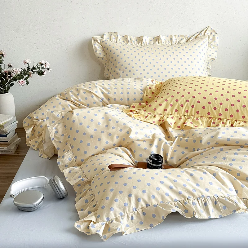 2026 Ins Style 100% Cotton Bedding Set, Class A Wave Point Lotus Leaf Edge Design for Bedroom, Back-to-School Dormitory for Kids