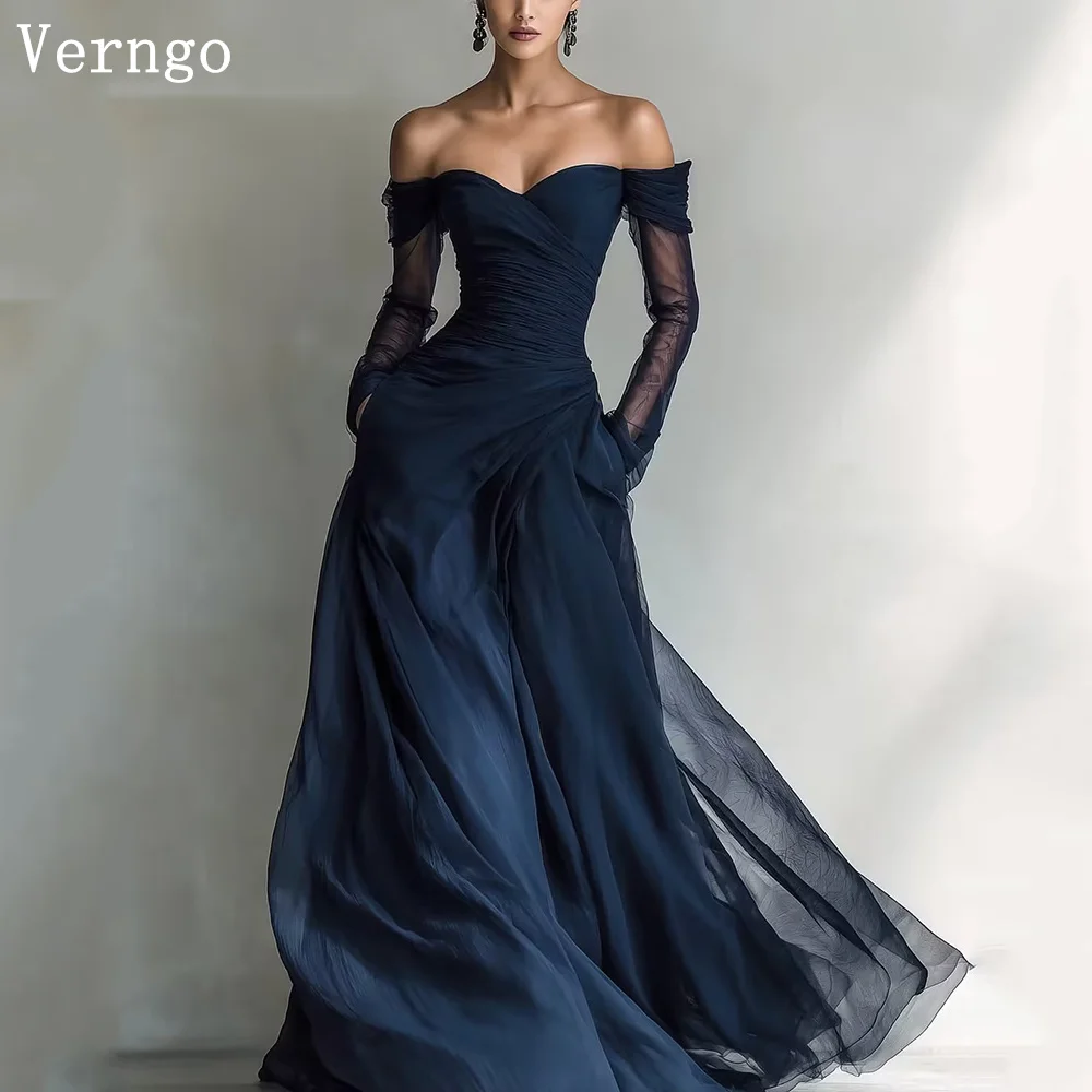 

Verngo Navy Blue Tulle Evening Dress Off The Shoulder Full Sleeves A Line Pleated Prom Gown Women Party Gown Customized