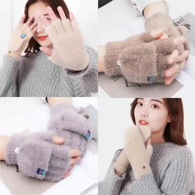 Winter Rabbit Fur Mittens Women Warm Gloves Feamle Girls Flip Plush Glove Fingerless Thicken Warm Mitten Work Gloves Half Finger