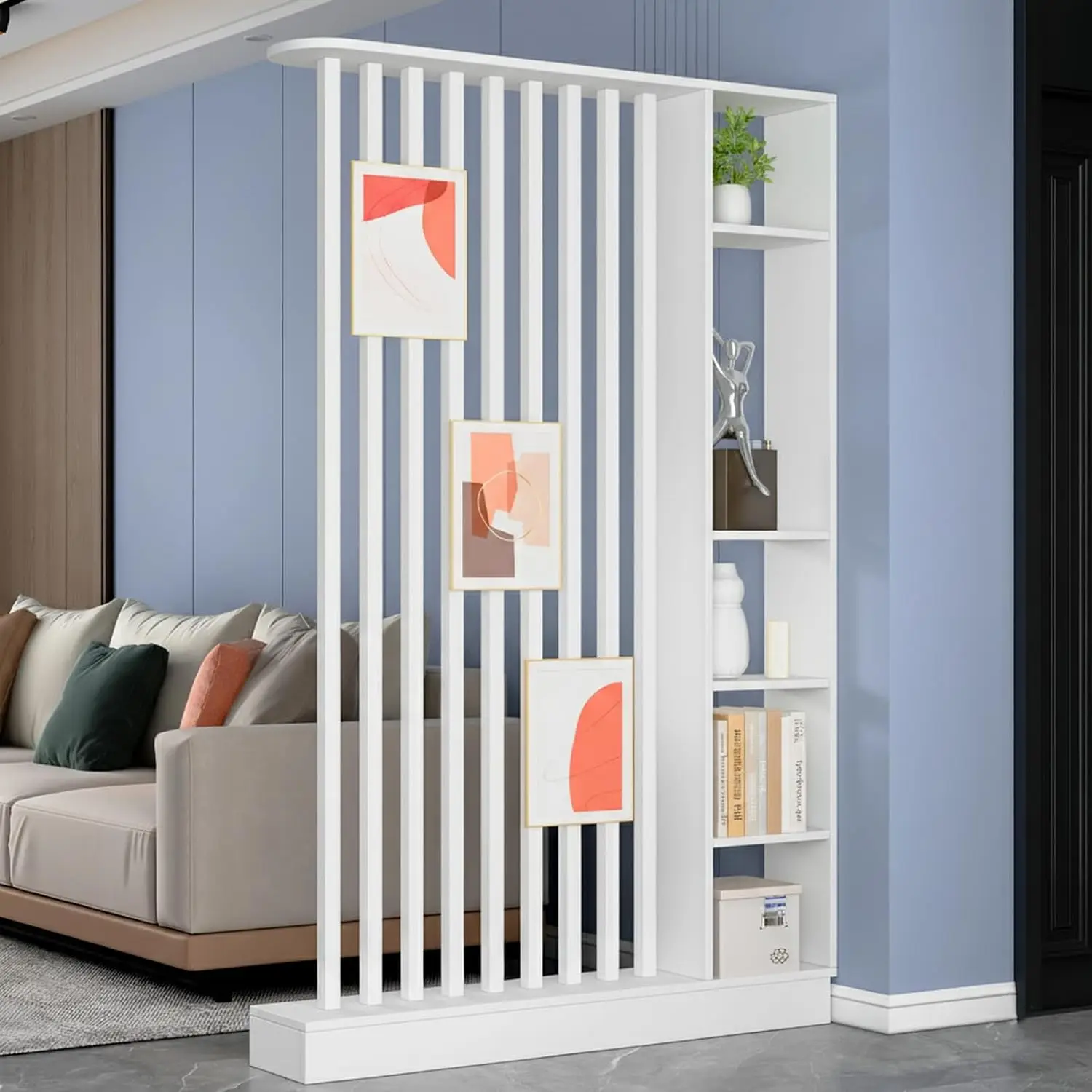 Freestanding White Wood Room Divider Shelves 47.2x9.4x78.7in Room Separation Home Office Modern Bookshelf Easy Assemble Decorati