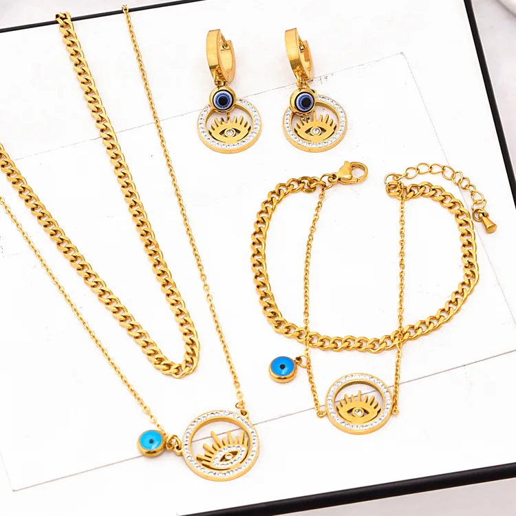 

Exaggerated jewelry set round full crystal eyes double-layer collarbone necklace pendant titanium steel bracelet earrings