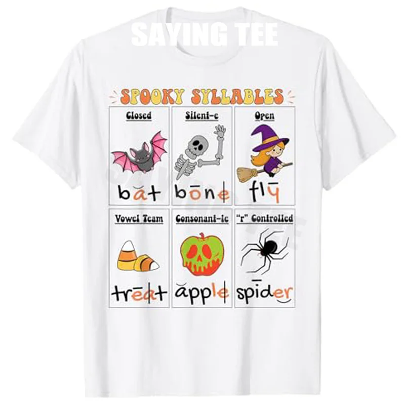 

Halloween Reading Spooky Syllables Teacher Vintage T-Shirt Humor Funny Y2k Cute Alphabet Saying Tee Novelty Gift Short Sleeve