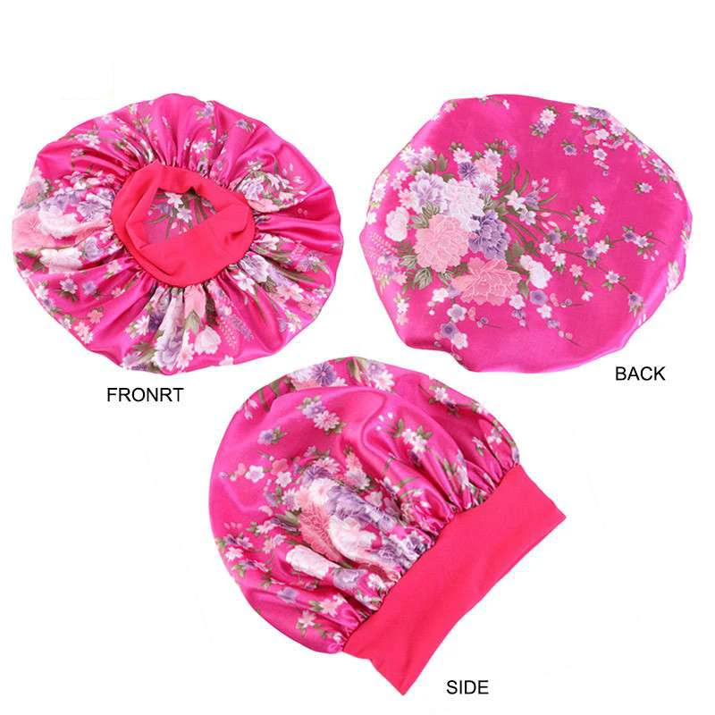 Floral Print Satin Bonnets Custom Logo Satin Bonnet for Women Beauty Silk Hair Bonnet Sleep Night Cap Head Cover Bonnet Hat 5Pcs