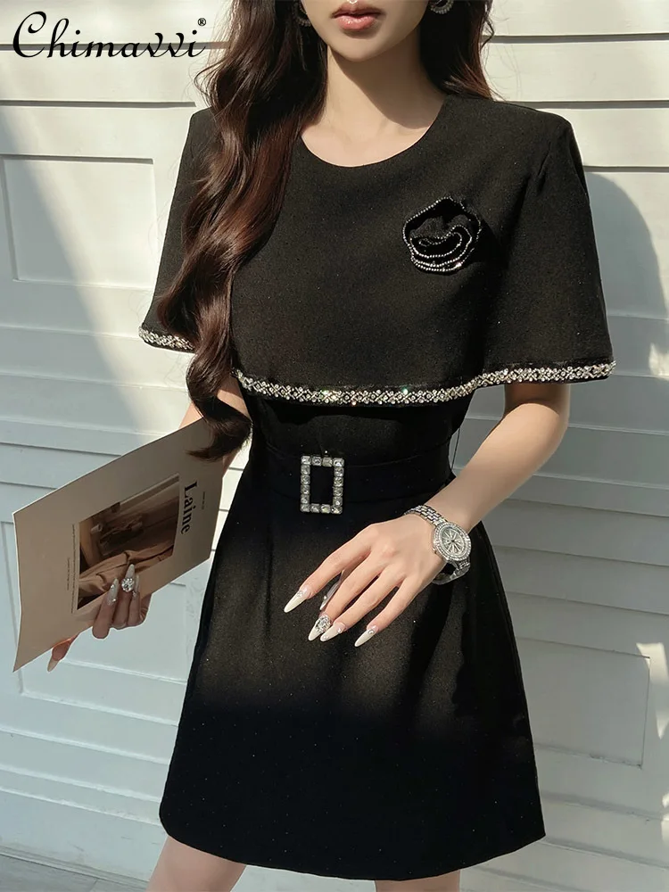 

High-End Fashion Cape-Style Slimming Rhinestone Dress Summer New Round Neck High Waist Elegant Party Mini Black Dress Women