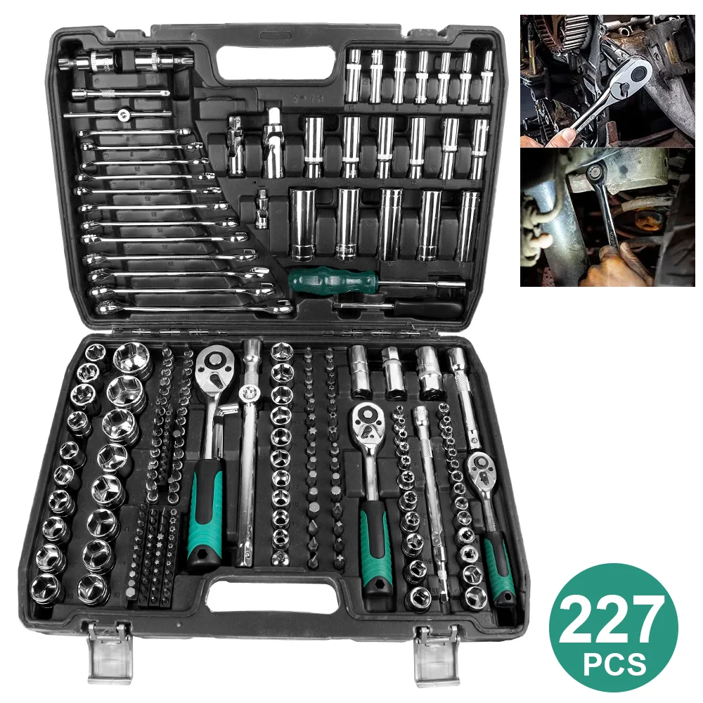 [EU Stock] 227pc Ratchet Wrench Set Auto repair Tool set 72-tooth ratchet wrench Chromium vanadium steel professional tool case