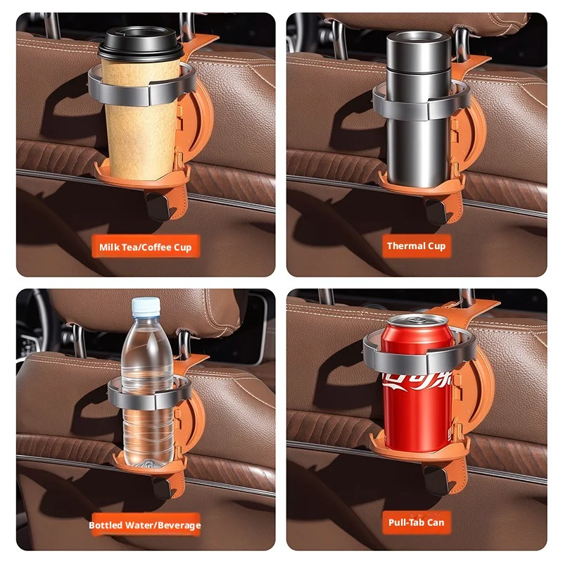SEAMETAL Foldable Car Headrest Cup Holder with Hook Multifunctional Auto Seat Back Water Bottle Drink Rack Hanging Storage Mount