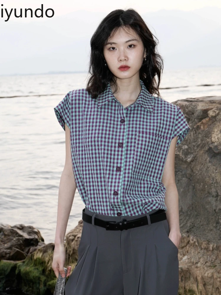 

Slim Fit No-Sleeve Plaid Cotton Shirt Women Blouse Vintage Retro Top Women's Casual Breathable Lightweight Everyday Wear