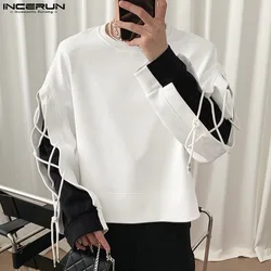 Men T Shirt Patchwork Lace Up O-neck Streetwear Long Sleeve Korean Tee Tops Men 2023 Loose Stylish Casual Men Clothing INCERUN