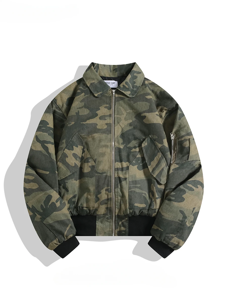 Men's American Retro Camouflage Workwear Short Zipper Cotton Coats Autumn and Winter Lapel Thickened Warm Casual Flight Jackets