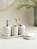 5Pcs Bathroom Accessories set Lotion Dispenser Toothbrush Holder Tray Tumbler Cup Soap Dish Beige and Grey 1