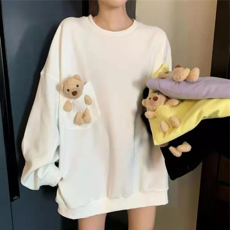 EBAIHUI-capuz feminino de manga comprida, boneco urso bonito, blusa solta, pulôver monocromático, simples e versátil, bolso com gola redonda, estilo coreano
