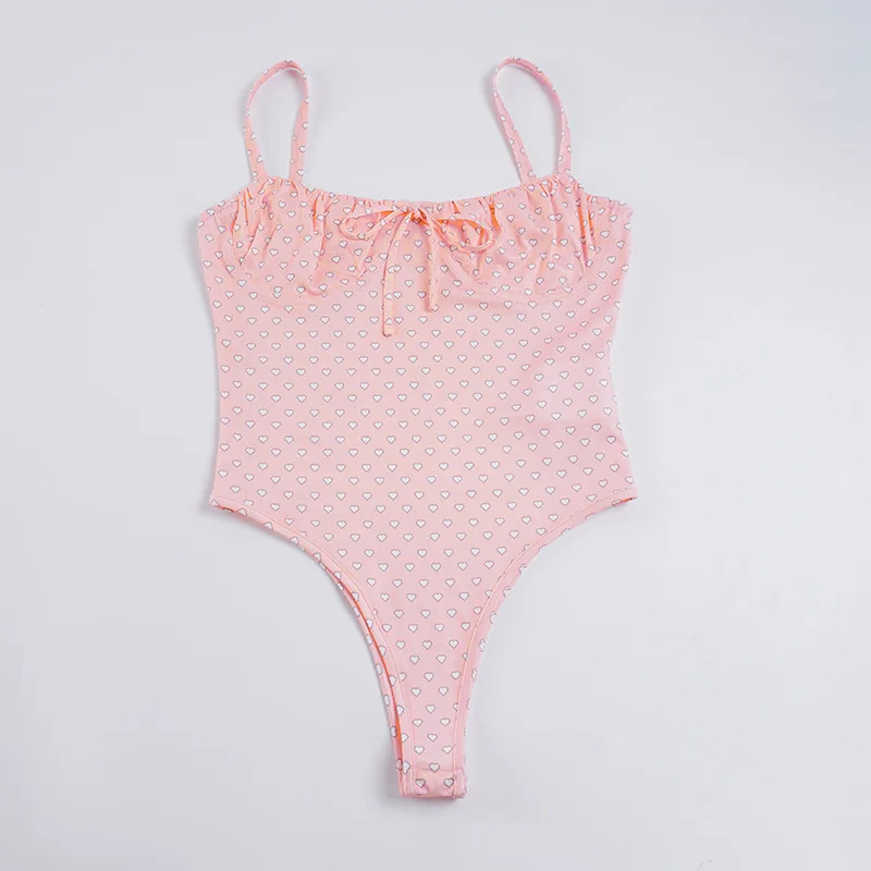

Pink Love Print Suspender Onesie Low Neck Chest Sexy Tight Bikini One-piece Swimsuit