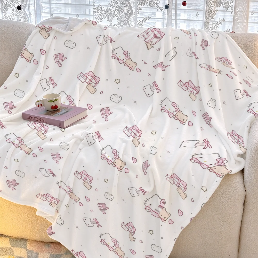 Cute Hello Kitty Flannel Blanket Soft Plush Throw Blanket Cartoon Print Fleece Sofa Bed Car Camping Baby Winter Gift