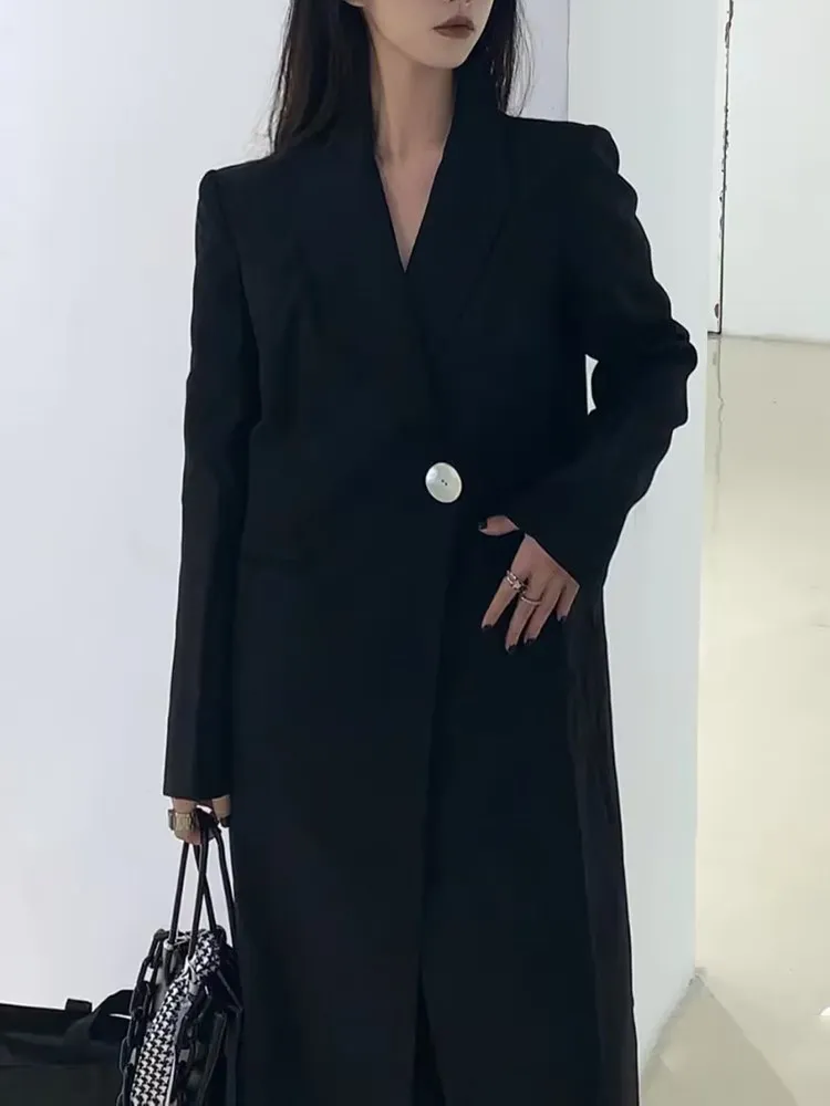 BPN Temperament Black Blazers For Women Nothced Collar Long Sleeve Spliced Single Button Minimalist Long Blazer Female Fashion