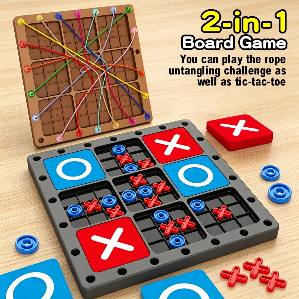 

Children 2-in-1 Rope Untangling & Tic Tac Toe Board Game Kids Educational Puzzle Toy Parent-Child Interactive Brain Training Gam