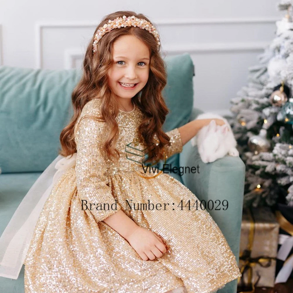 Customized Cute Gold Flower Girl Dresses Sequined Full Sleeve Wedding Party Gowns for Birthday New 2025 Summer فساتين اطفال ل