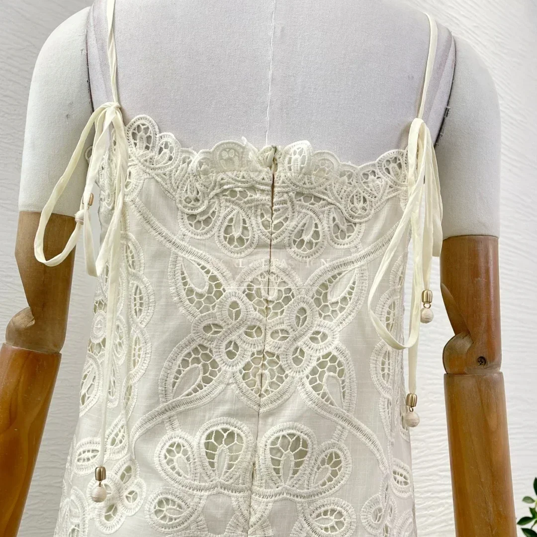 Holiday Style Women High Quality Midi Dress 2025 New Ivory Color Embroidered Suspender Shell Lace Gentle