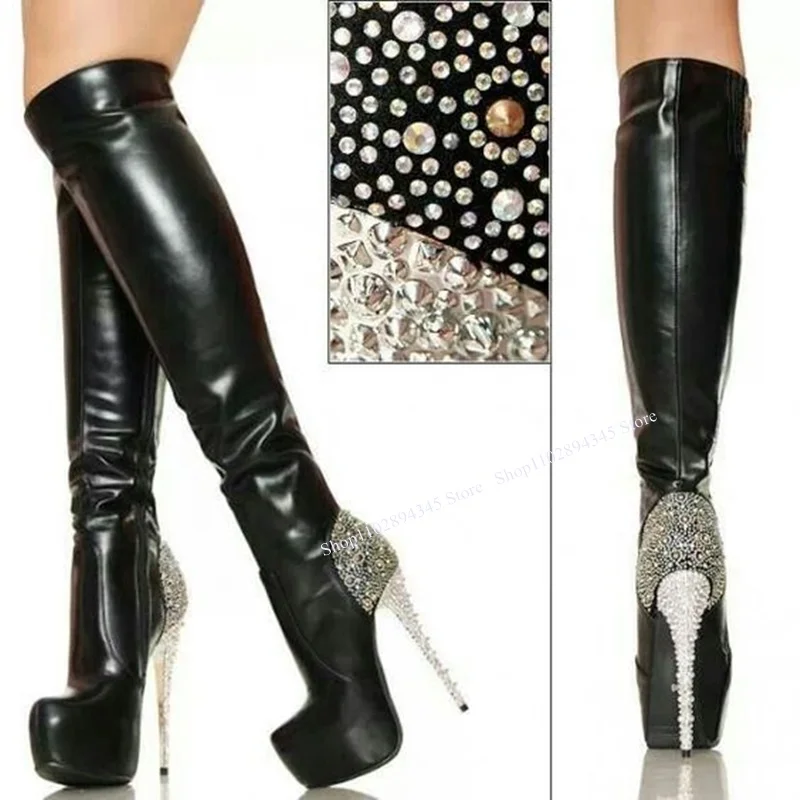 Black Diamond Knee High Boots Thin High Heel Chain Fashion Sexy 2024 Winter Casual Big Size Woman Shoes Zapatillas Mujer