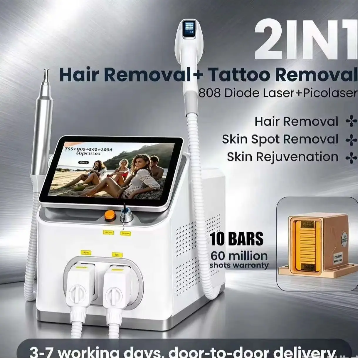 6 Waves 5000W 10Bars Professional 2IN1 Diode Laser Hair Removal Machine Picosecond Qswitch ND YAG 1064NM Tattoo Removal Machine