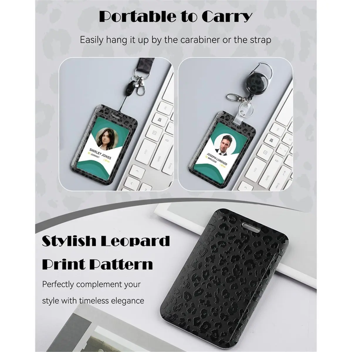 Fashionable Sliding Badge Holder Black Leopard Print with Retractable Carabiner Clip, Detachable Lanyard Strap