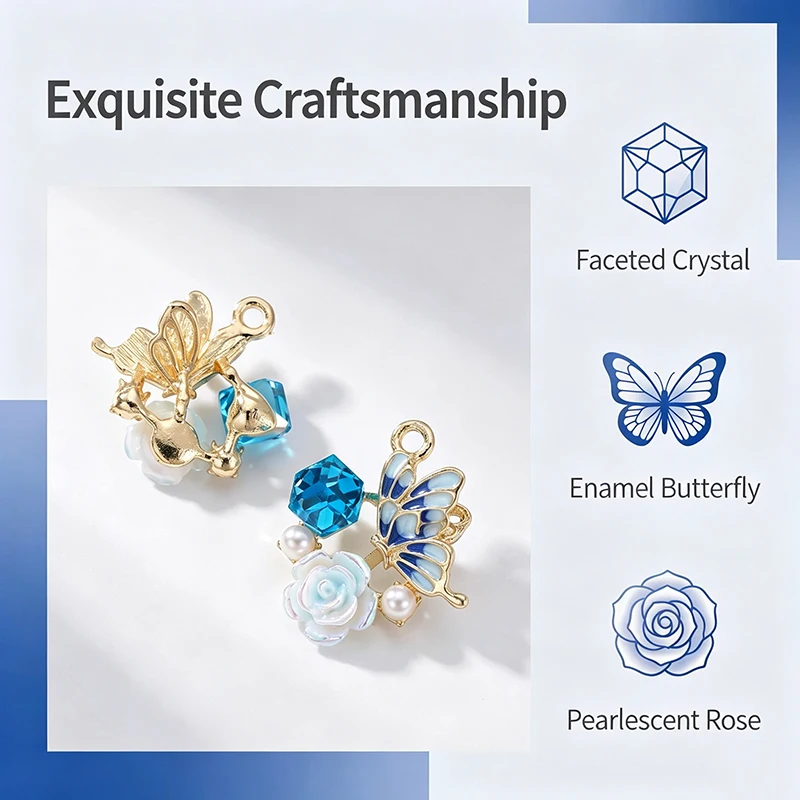 5pcsPearl-Embedded Glass Flower Colorful Butterfly Oil-Dripping Alloy DIY Jewelry Accessories Necklace Earrings Keychain Pendant