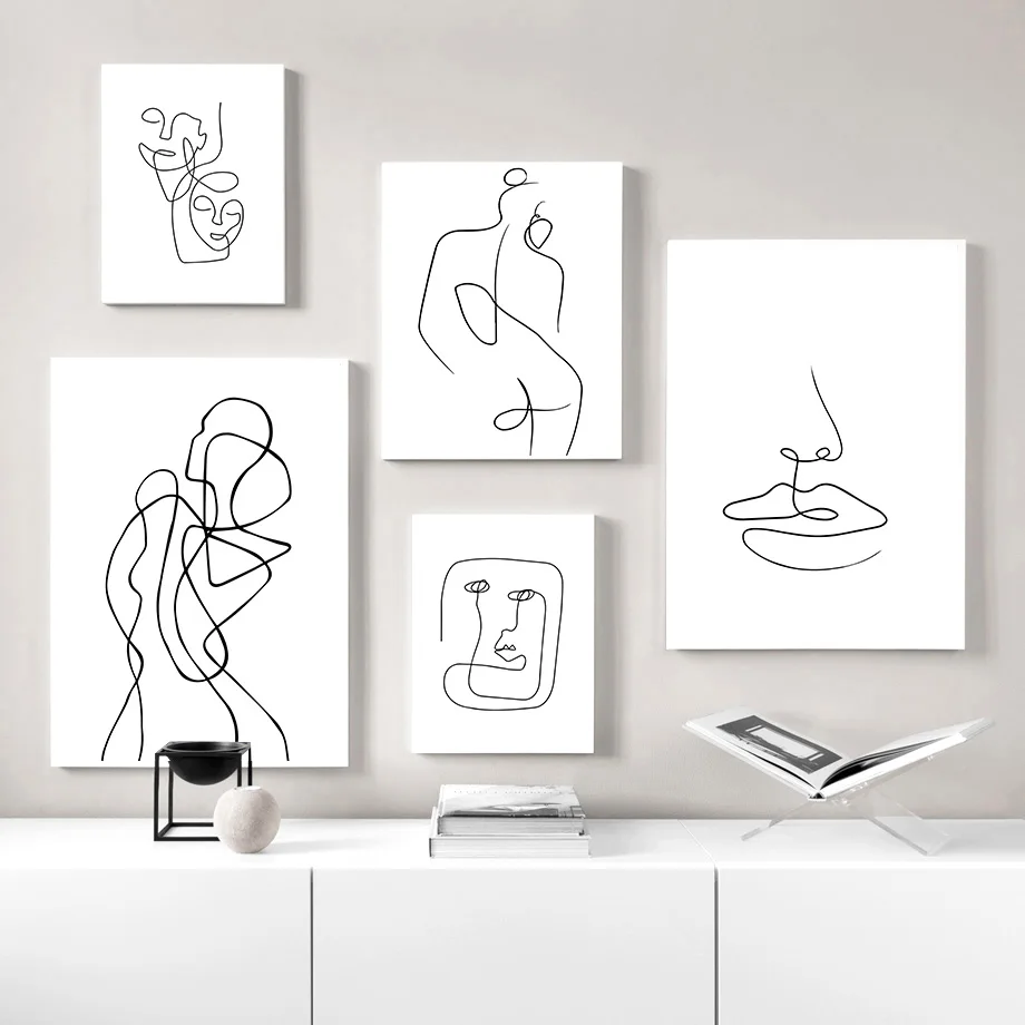 أسود أبيض مجردة خط الوجه الحد الأدنى قماش جدار الفن الشمال غرفة المعيشة ديكور المشارك طباعة الحديثة هندسية الوجه الصورة #2