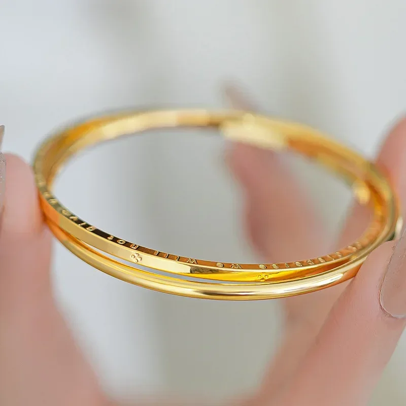 9999 Real Gold 24K Gold Double Ring Four Leaf Clover Letter Bracelet Niche Light Luxury High Sense Lucky Grass Bracelet Plain