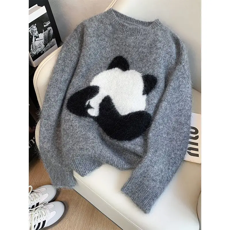 Jacquard Panda Towel Embroidered Knitted Sweater Autumn New Round Neck Sweater Women\'s Gray Short Pullover Top