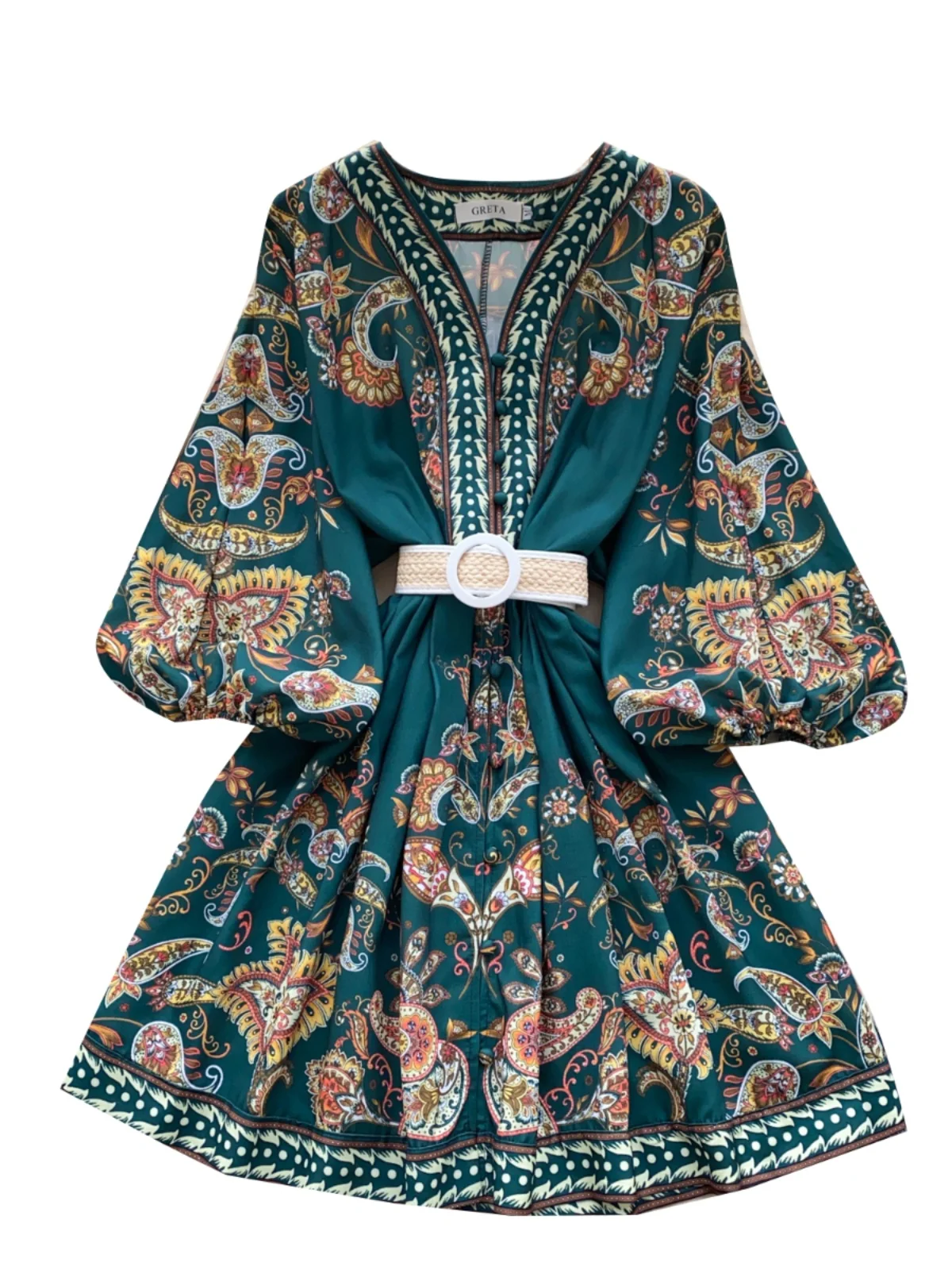 فستان نسائي جديد بتصميم ريترو لربيع 2025، بقصة A-Line وياقة V وأكمام فانوسية، مطبوع، بخصر عالٍ وأكمام طويلة، بتصميم فستان قصي... #4