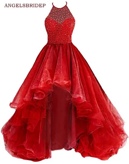 ANGELSBRIDEP-Vestidos De graduación altos y bajos, Vestidos De fiesta, cuello alto, Sexy, abalorios, Abendkleider, Cenicienta, cumpleaños, Vestidos De fiesta De noche