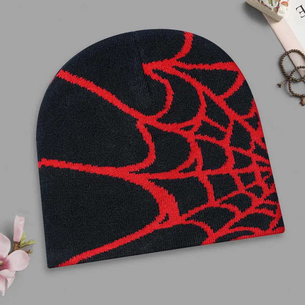 Spider Web Style Hat Spider Web Jacquard Knitted Winter Hat for Unisex Elastic Dome Cap with Contrast Color Brim for Cosplay