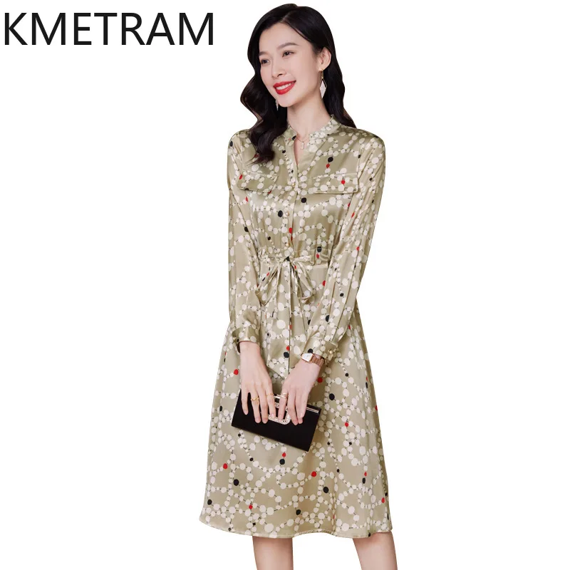 

KMETRAM 91.2% Real Mulberry Silk Dress Long Sleeve Women Clothing Elegant Party Dresses Summer 2024 Woman Retract Waist Vestidos