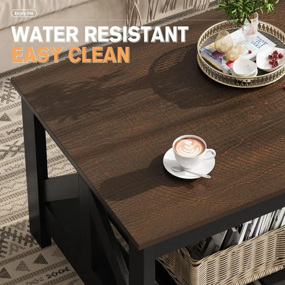 Rustic Storage Coffee Table for Living Spaces, Square Farmhouse Style, Compact for Small Areas, Brown & Black Options