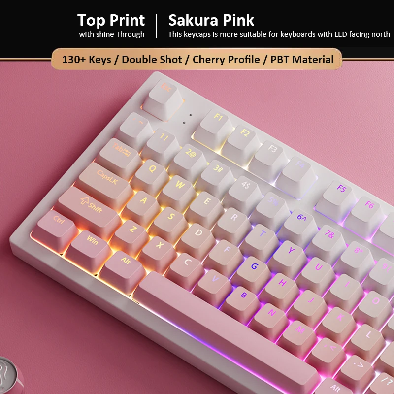 130 Keys Gradient Sakura Pink Shine Through Keycaps Cherry Profile Double Shot PBT Keycaps for MX Switches Mechanical Keyboards