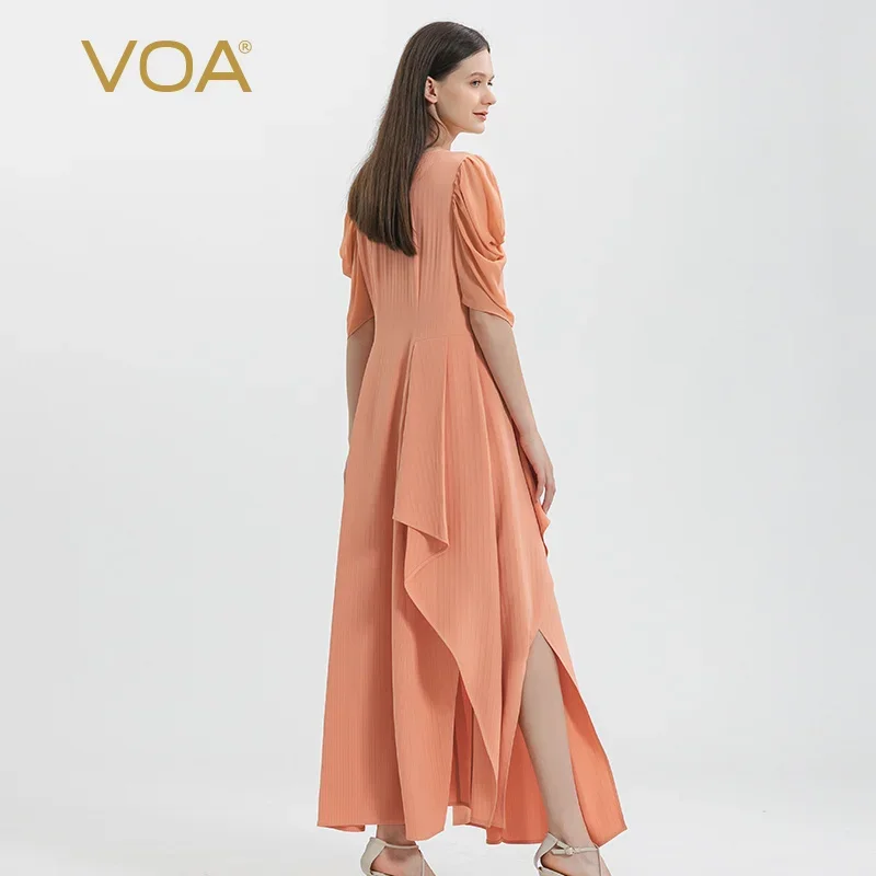 VOA 44 Momme Jacquard Heavy Mulberry Silk Striped Dresses Women New Pink Round Neck Puff Short-sleeved Silk Party Dress AE1527