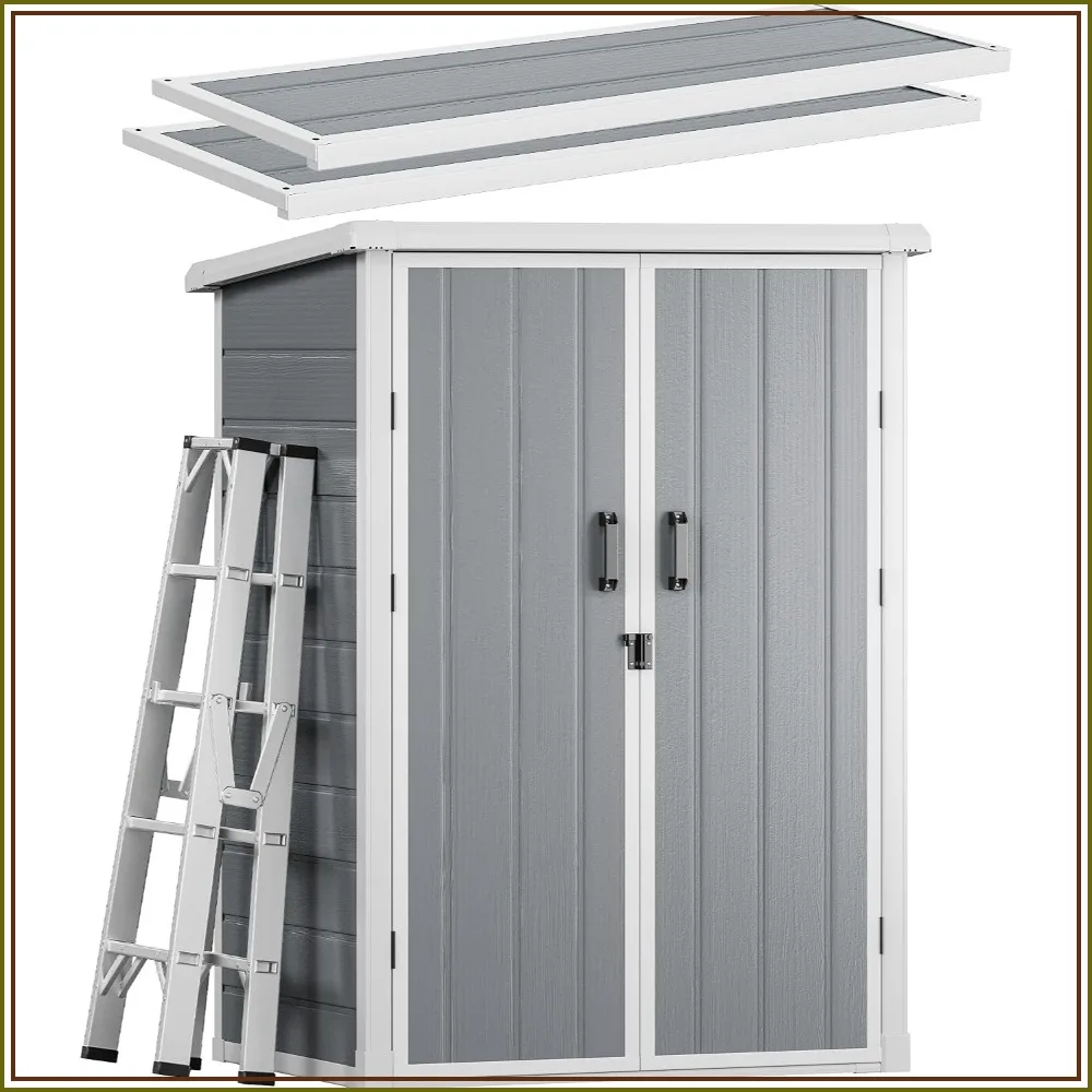 60 Cuft, 5x3 FT Double-Wall Plastic Outdoor Storage Shed 2 Shelves, Floor, Lockable Doors
