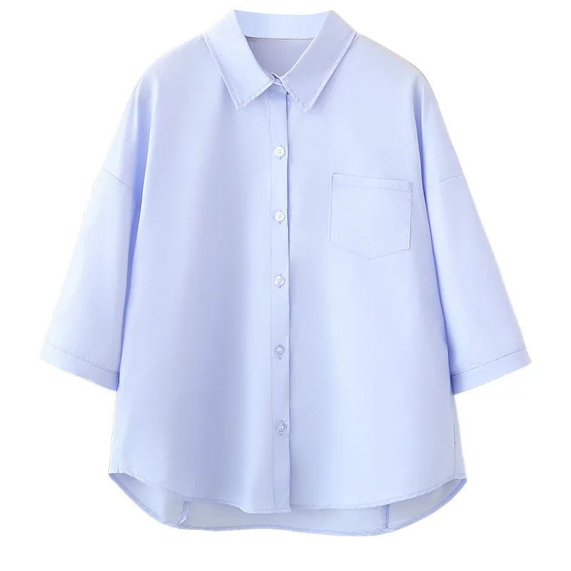 

2026 Summer Plus Size Women Cotton Shirt Lapel 3/4 Sleeve Casual Simple Cardigan Loose Blouse Tops For Curvy Ladies 8633