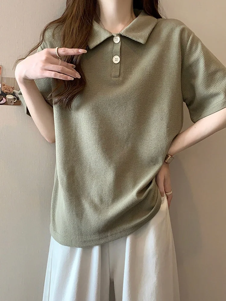 Loose Fit  Bean  Shirt T-Shirt Women's Summer New Style Multi-Color Large Size Slimming Wafer Grid Body Shirt