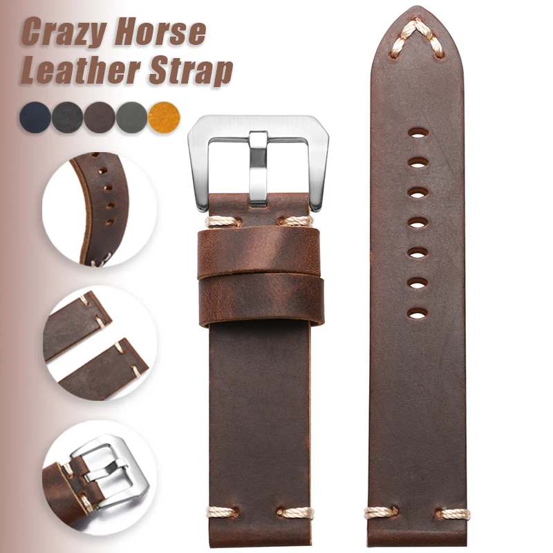 Bracelet de montre en cuir 18mm 20mm 22mm 24mm 26mm, Bracelet Vintage en cuir de vache Crazy Horse pour Seiko pour Bracelet de remplacement Sport Panerai