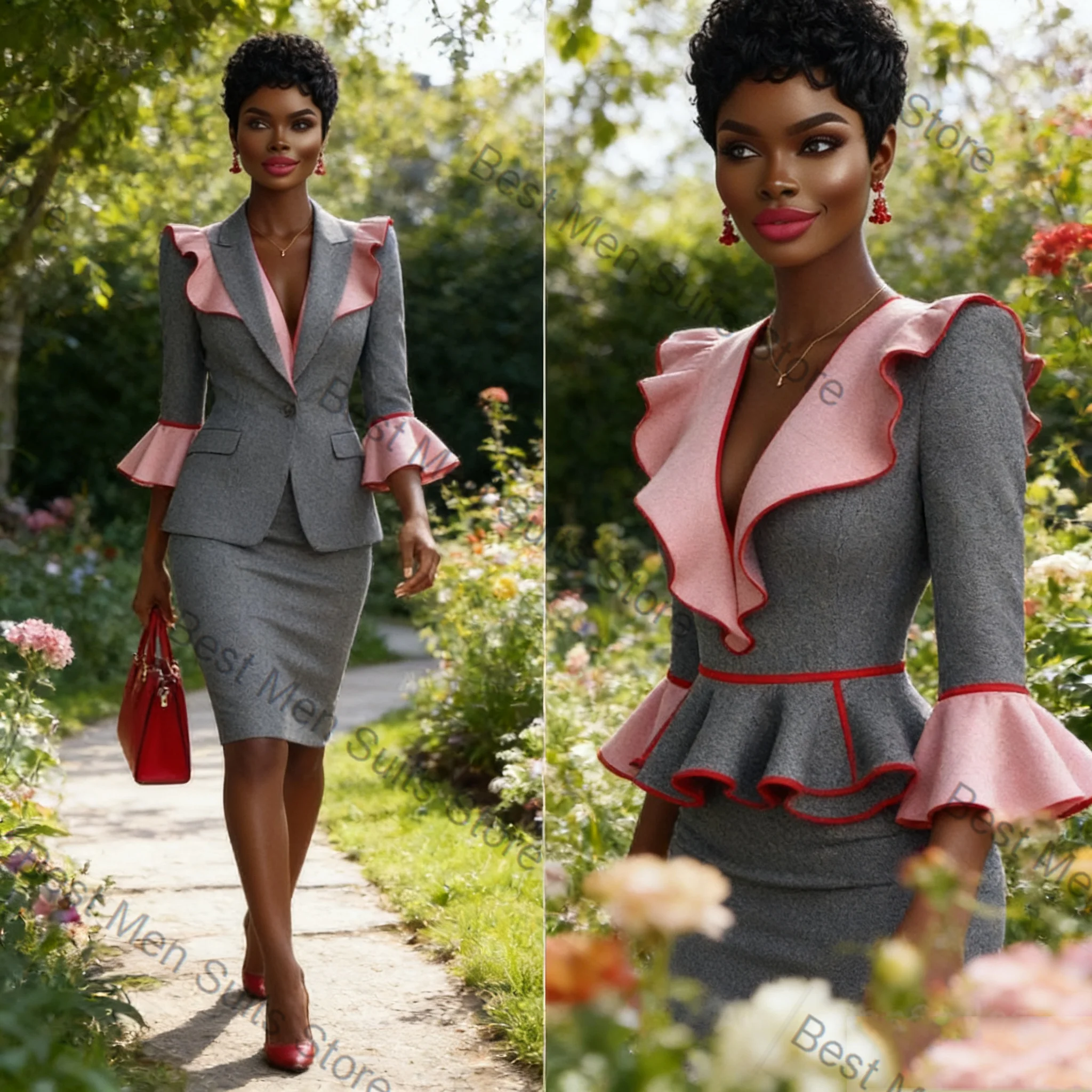 

Grey Pink Women Suit Set 2 Pcs Blazer Prom Dress Ruffles Lapel Formal Office Jacket Customized Wedding Tuxedo Guest Coat