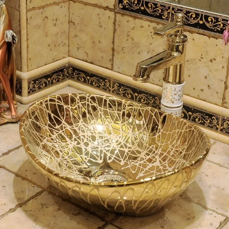 B73 European gold countertop basin, gold-plated art countertop basin, small size ceramic wash basin, bathroom
